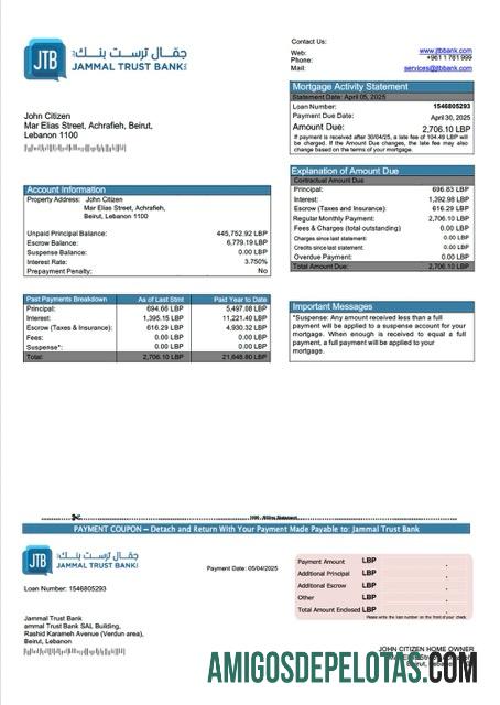 em branco Modelo de declaração de hipoteca do Líbano Jammal Trust Bank em Word e PDF